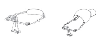 From left to right, illustrates a head positioning strap and a ball cap attached to a head positioning strap