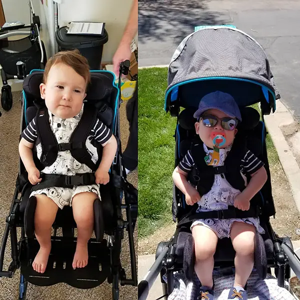 Gabriel side-by-side in seating system in stroller and on high-low base