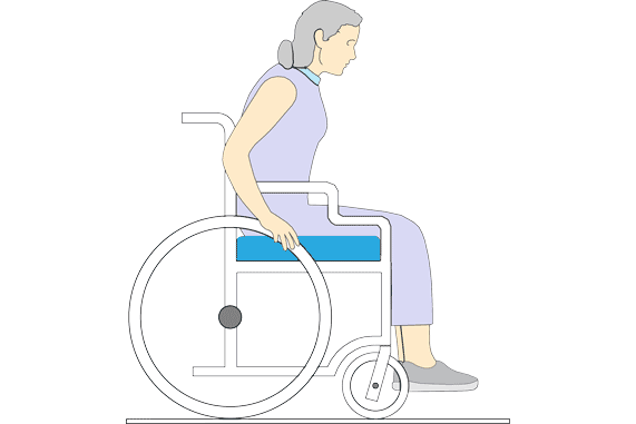 Illustration of a woman in her wheelchair, her feet unable to reach the floor